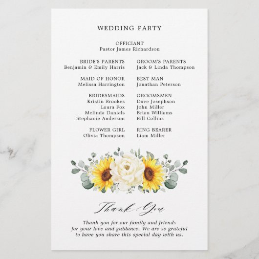 Sonnenblume Hochzeitsprogramm für Elfenbein Eukaly (Rückseite)