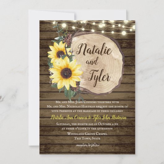 Sonnenblume Holz Slice rustikale String Lights Hoc Einladung (Vorderseite)