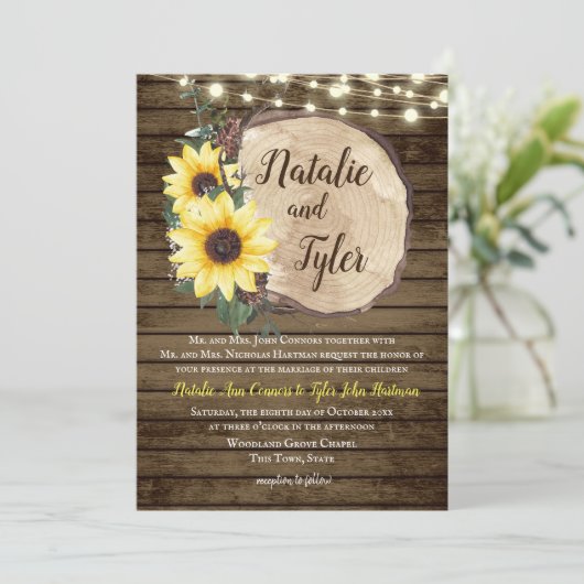 Sonnenblume Holz Slice rustikale String Lights Hoc Einladung (Stehend Vorderseite)