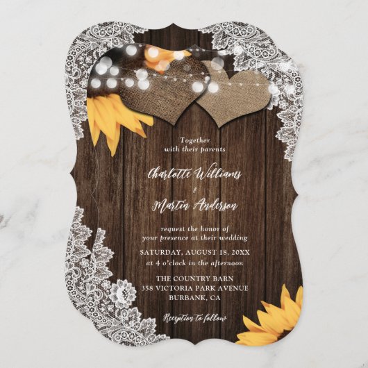Sonnenblume Holz String Lights Blumenzange Hochzei Einladung (Vorne/Hinten)