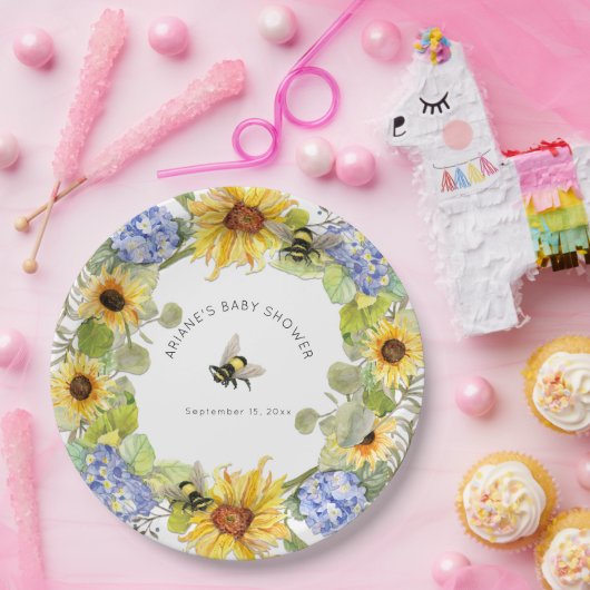 Sonnenblume Hummel Blue Hydrangea Babydusche Pappteller (Party)