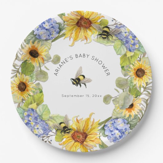 Sonnenblume Hummel Blue Hydrangea Babydusche Pappteller (Vorderseite)