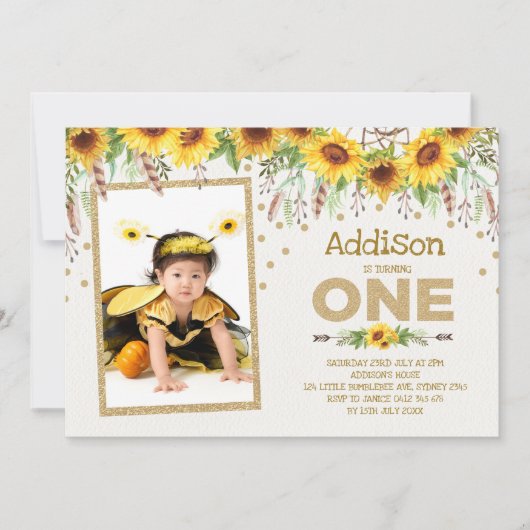 Sonnenblume Hummel Erster 1. Geburtstag Einladung (Vorderseite)