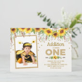 Sonnenblume Hummel Erster 1. Geburtstag Einladung (Stehend Vorderseite)