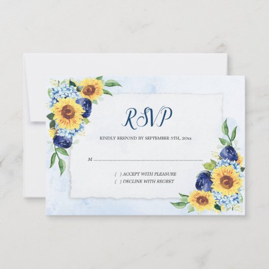 Sonnenblume Hydrangea Blue Watercolor Wedding RSVP Karte (Vorderseite)