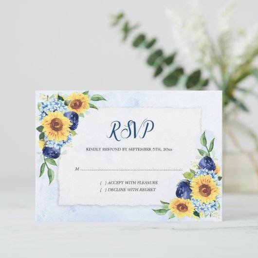 Sonnenblume Hydrangea Blue Watercolor Wedding RSVP Karte (Stehend Vorderseite)