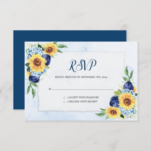 Sonnenblume Hydrangea Blue Watercolor Wedding RSVP Karte (Vorne/Hinten)