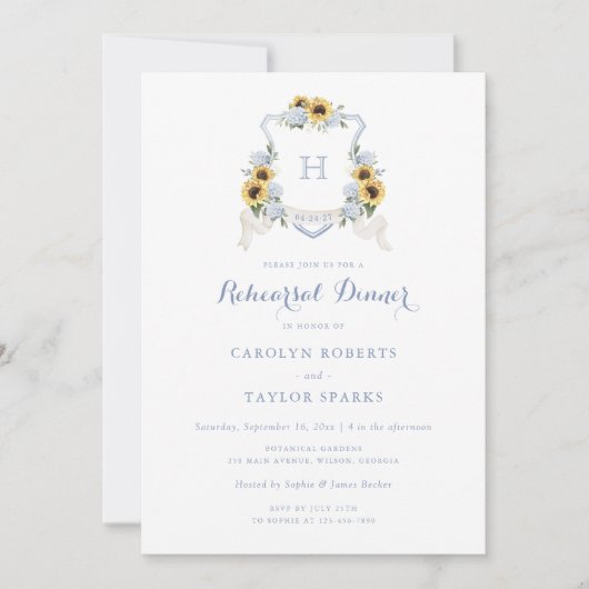 Sonnenblume Hydrangea Wappen Probe Abendessen Hoch Einladung (Vorderseite)