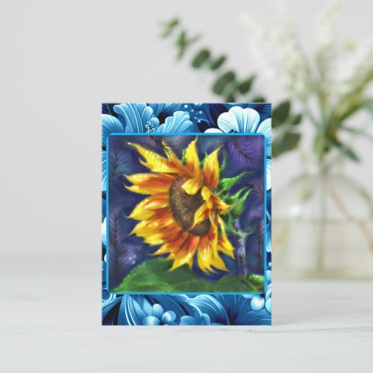 Sonnenblume in der nächtblauen, gelbgrünen Blume Postkarte (Stehend Vorderseite)