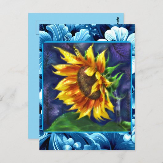 Sonnenblume in der nächtblauen, gelbgrünen Blume Postkarte (Vorne/Hinten)
