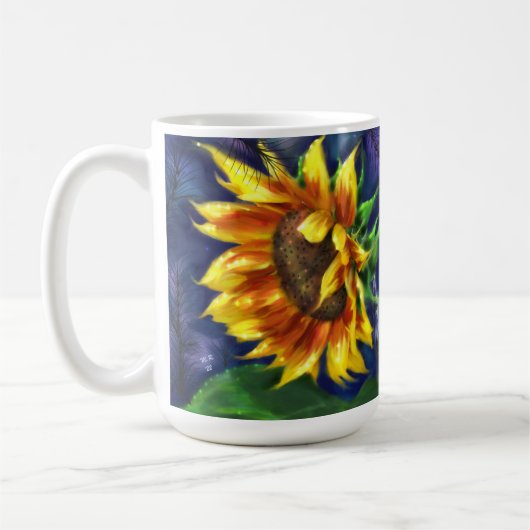 Sonnenblume in der nächtgelben blauen Blume Kaffeetasse (Links)