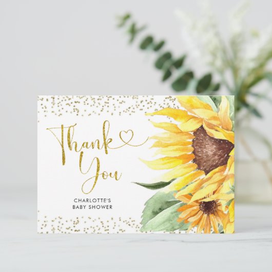 Sonnenblume ist auf dem Weg Baby Dusche Danke Kart (Stehend Vorderseite)