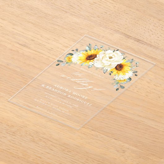 Sonnenblume Ivory Peony Floral Eucalyptus Wedding Acryleinladungen (Ablage )