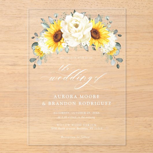 Sonnenblume Ivory Peony Floral Eucalyptus Wedding Acryleinladungen (Vorderseite)