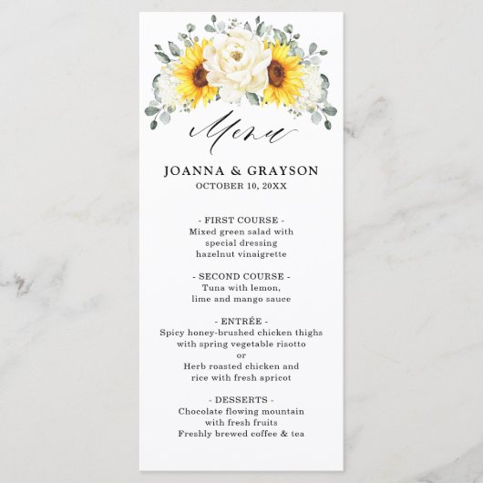 Sonnenblume Ivory Peony Floral Eucalyptus Wedding Menükarte (Vorderseite)