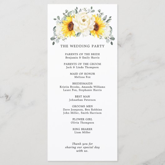 Sonnenblume Ivory Peony Floral Eucalyptus Wedding Programm (Rückseite)