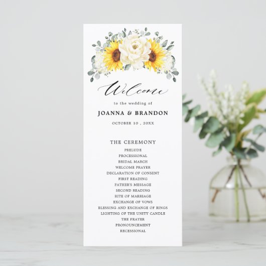 Sonnenblume Ivory Peony Floral Eucalyptus Wedding Programm (Stehend Vorderseite)
