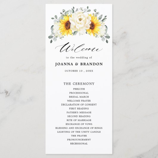 Sonnenblume Ivory Peony Floral Eucalyptus Wedding Programm (Vorderseite)