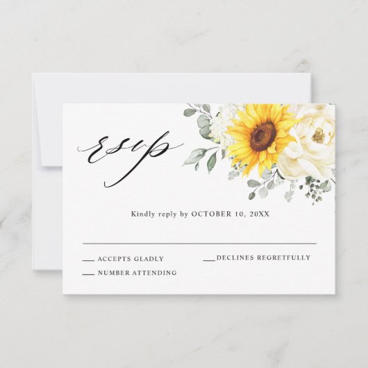 Sonnenblume Ivory Peony Floral Eucalyptus Wedding RSVP Karte (Vorderseite)