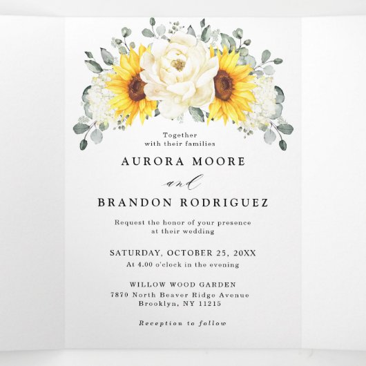 Sonnenblume Ivory Peony Floral QR Code Hochzeit Dreifach Gefaltete Ankündigung (Innenseite Mitte)