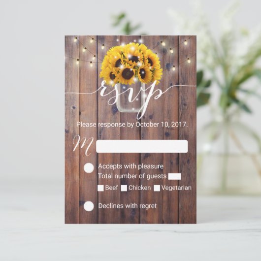 Sonnenblume Jar Barn Wood Rustic Wedding RSVP (Stehend Vorderseite)