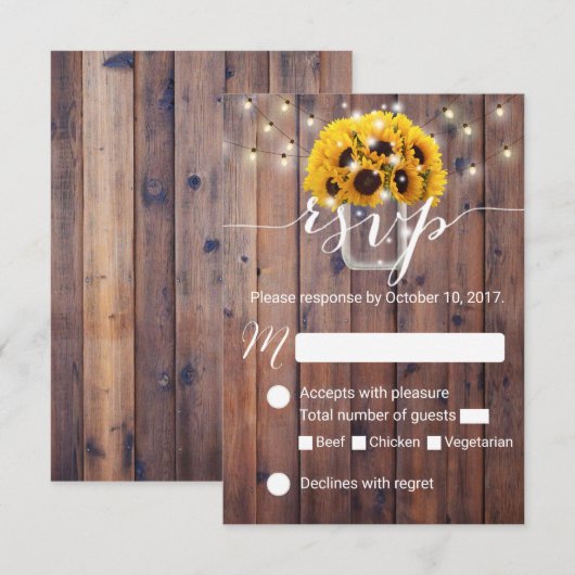 Sonnenblume Jar Barn Wood Rustic Wedding RSVP Karte (Vorne/Hinten)