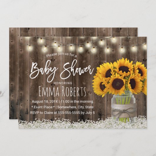Sonnenblume Jar Country Floral Barn Wood Baby Dusc Einladung (Vorne/Hinten)