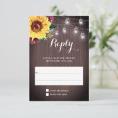 Sonnenblume Jar Lights Burgund Blumenhochzeit RSVP Karte (Stehend Vorderseite)