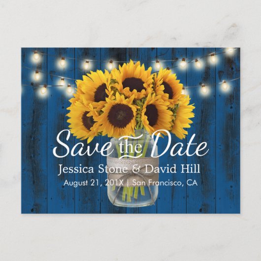 Sonnenblume Jar Navy Blauer Stall Hochzeit Retten Ankündigungspostkarte (Vorderseite)