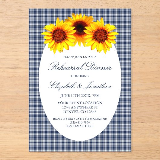 Sonnenblume Karierte Probe Abendessen Acryleinladungen (Vorderseite)