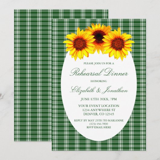 Sonnenblume Karierte Probe Abendessen Einladung (Vorne/Hinten)