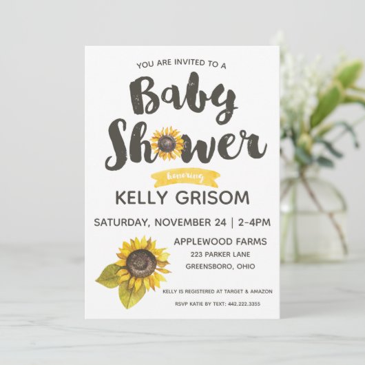 Sonnenblume Kinderdusche Einladung (Stehend Vorderseite)