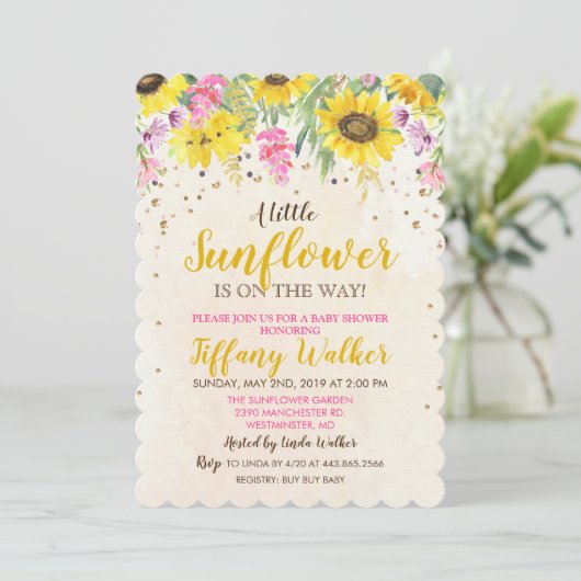 Sonnenblume Kinderdusche Einladung (Stehend Vorderseite)