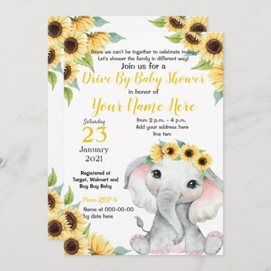 Sonnenblume Kinderdusche Elephant Yelow Girl Card Einladung (Vorne/Hinten)