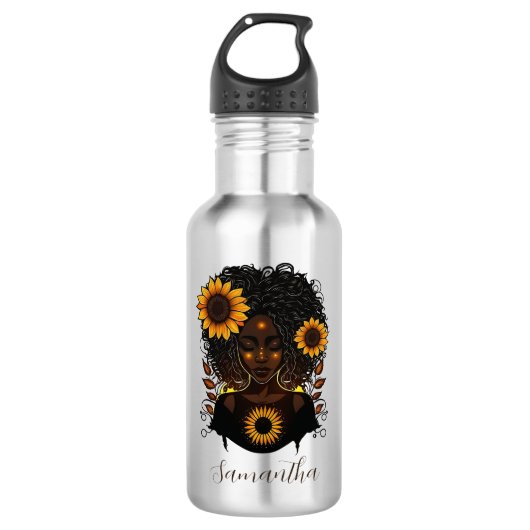 Sonnenblume Königin Afro Frau Edelstahlflasche (Vorderseite)