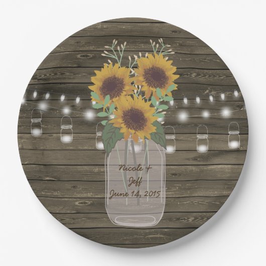 Sonnenblume Land Holz Mason Jar Wedding Paper Pla Pappteller (Vorderseite)