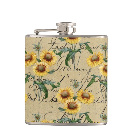 Sonnenblume Land Rustikale Vintage Handschrift Flachmann (Vorderseite)