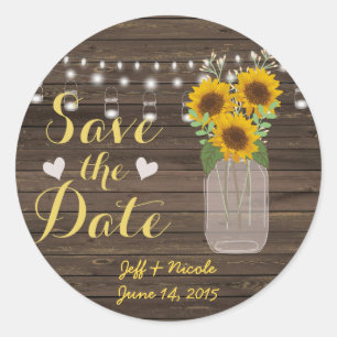 Sonnenblume Land Wood Mason Jar Save the Date Runder Aufkleber