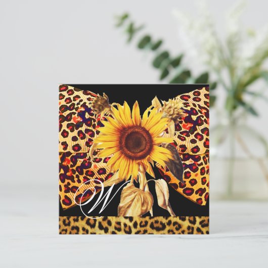 SONNENBLUME, LEOPARD FUR BOW SOMMER PARTY MONOGRAM EINLADUNG (Stehend Vorderseite)