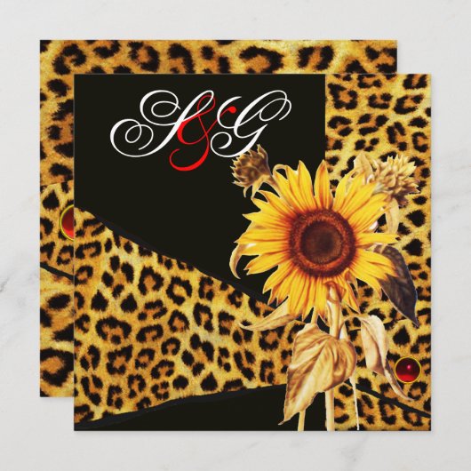 SONNENBLUME ,LEOPARD FUR RIBBON,RED RUBY GEMSTONE EINLADUNG (Vorne/Hinten)