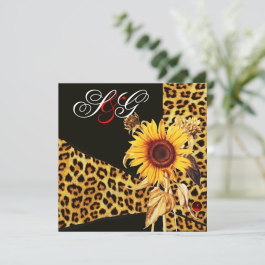 SONNENBLUME ,LEOPARD FUR RIBBON,RED RUBY GEMSTONE EINLADUNG (Stehend Vorderseite)