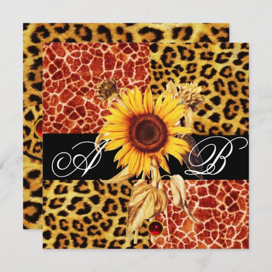 SONNENBLUME, LEOPARD UND GIRAFFE FUR, RUBY MONOGRA EINLADUNG (Vorne/Hinten)
