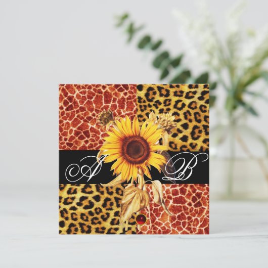SONNENBLUME, LEOPARD UND GIRAFFE FUR, RUBY MONOGRA EINLADUNG (Stehend Vorderseite)