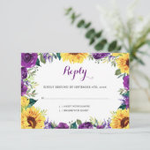 Sonnenblume Lila Blumenstrauß Hochzeit RSVP Karte (Stehend Vorderseite)