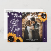 Sonnenblume Lila Holz Hochzeitsstich Foto Save the Ankündigungspostkarte (Vorne/Hinten)