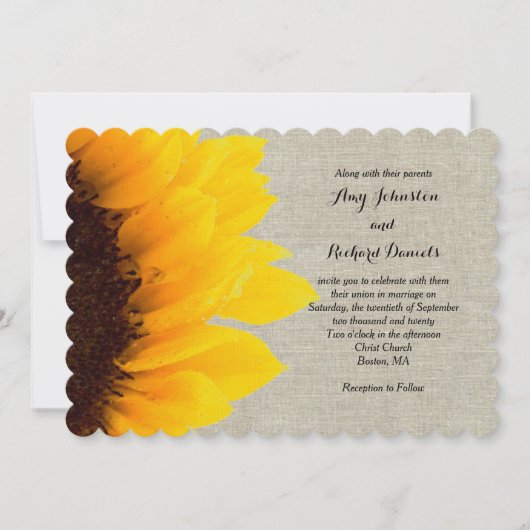 Sonnenblume Linen Rustikale Hochzeit Einladung (Vorderseite)