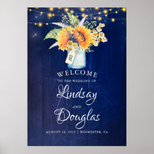 Sonnenblume Marine Blue Rustic Hochzeit Begrüßungs Poster