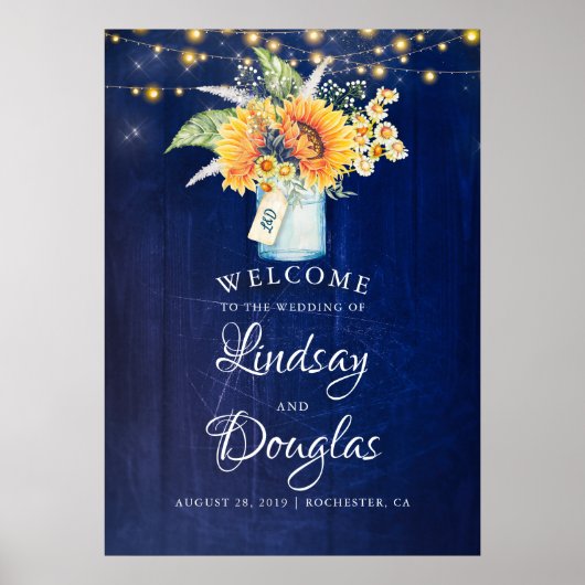 Sonnenblume Marine Blue Rustic Hochzeit Begrüßungs Poster (Vorne)