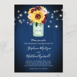Sonnenblume Mason Jar Blue Wood Lights Hochzeit Einladung