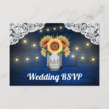 Sonnenblume Mason Jar Blue Wood Wedding RSVP Karte